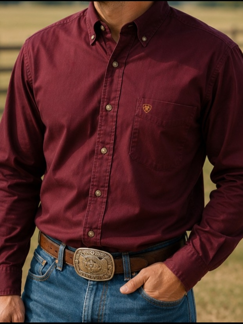 Ariat Fitted Solid Twill Button Down Shirt Men'sSz L Burgundy Western Cowboycore